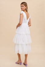 Off White Tiered Tie Strap Tulle Midi Dress
