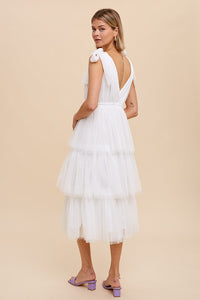 Off White Tiered Tie Strap Tulle Midi Dress