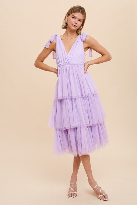 purple tiered dress Light Purple Tiered Tie Strap Tulle Midi Dress – Aquarius Brand
