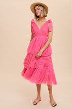 Hot Pink Tiered Tie Strap Tulle Midi Dress