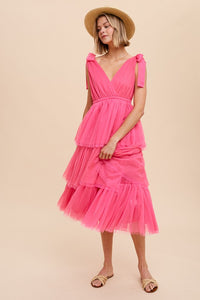 Hot Pink Tiered Tie Strap Tulle Midi Dress
