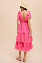 Hot Pink Tiered Tie Strap Tulle Midi Dress