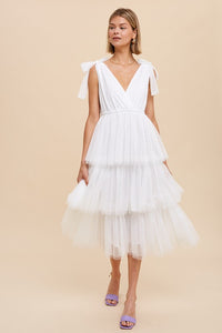 Off White Tiered Tie Strap Tulle Midi Dress