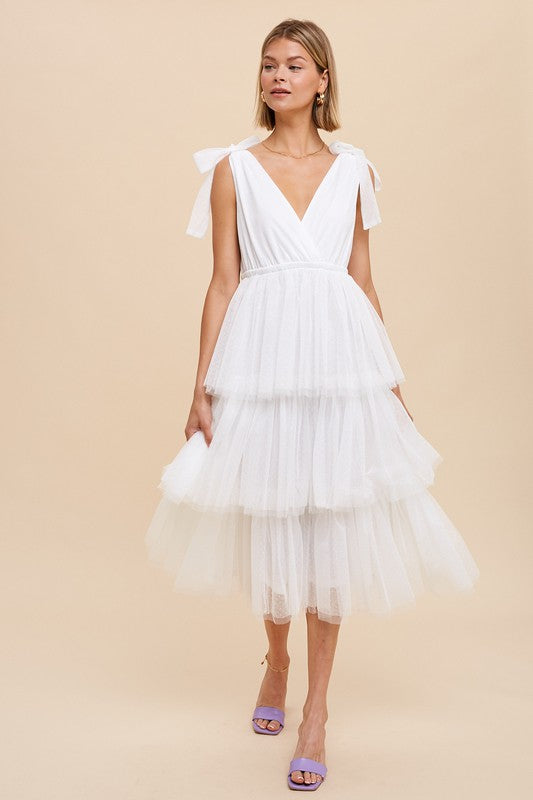 Off White Tiered Tie Strap Tulle Midi Dress