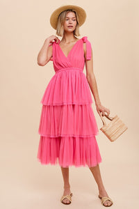 Hot Pink Tiered Tie Strap Tulle Midi Dress