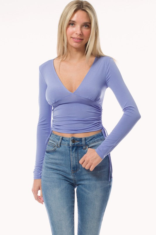 Blue Long Sleeve Ruched Side Drawstring Tie Top