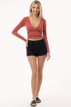 Rust Long Sleeve Ruched Side Drawstring Tie Top