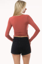 Rust Long Sleeve Ruched Side Drawstring Tie Top