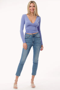 Blue Long Sleeve Ruched Side Drawstring Tie Top