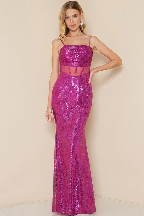 Magenta Corset Sleeveless Sequin Maxi Dress
