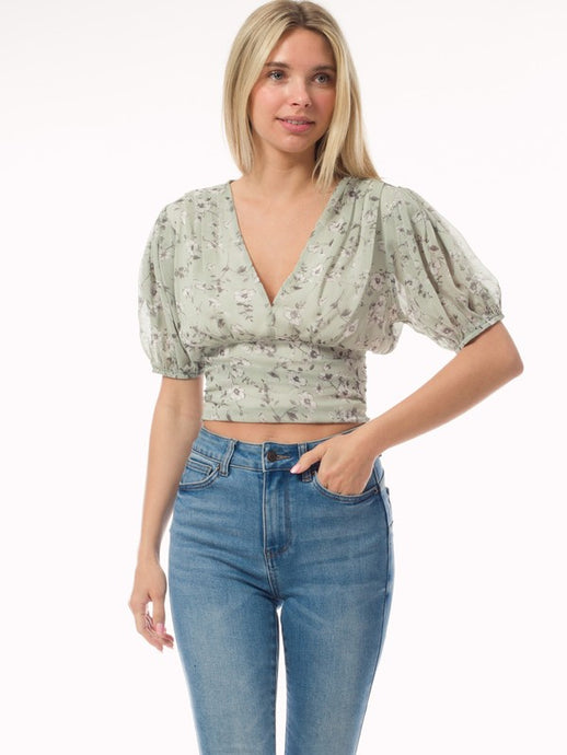 Sage V Neck Puff Sleeve Blouse