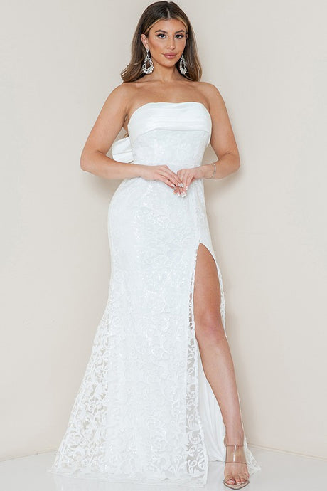Ivory Strapless Slit Side Bow Back Maxi Dress