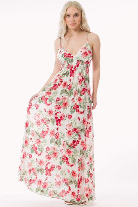 Offwhite Tropical Print V-Neck Smocked Back Maxi Sundress