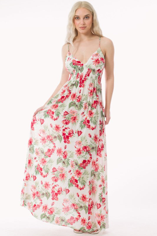 Offwhite Tropical Print V-Neck Smocked Back Maxi Sundress
