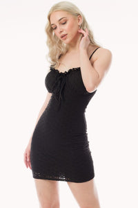 Black Lettuce Trim Knot Front Eyelet Bodycon Dress