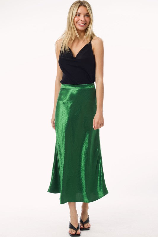 Green Satin Midi A Line Slip Skirt