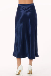 Dark Blue Satin Midi A Line Slip Skirt