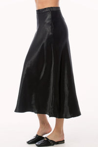 Black Satin Midi A Line Slip Skirt