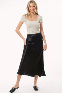 Black Satin Midi A Line Slip Skirt