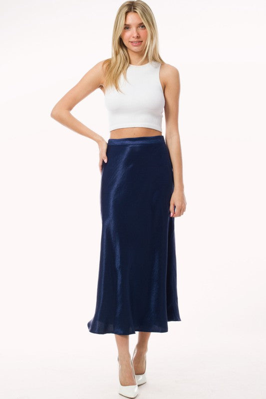Dark Blue Satin Midi A Line Slip Skirt