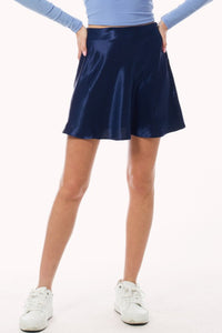 Dark Blue Satin A Line Mini Slip Skater Skirt