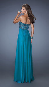 Teal Sequin Detailed Lace Bodice Chiffon Long Dress