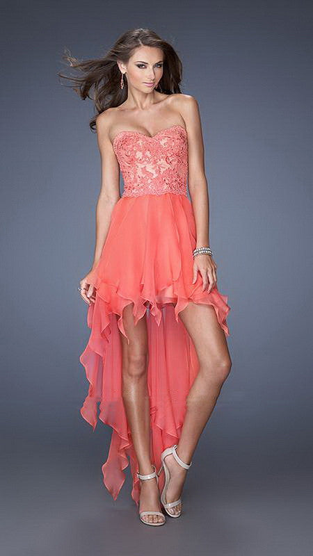 Coral Elegant Lace Overlay High-Low Dress Aquarius Brand Coral Elegant Lace Overlay High-Low Dress Aquarius Brand