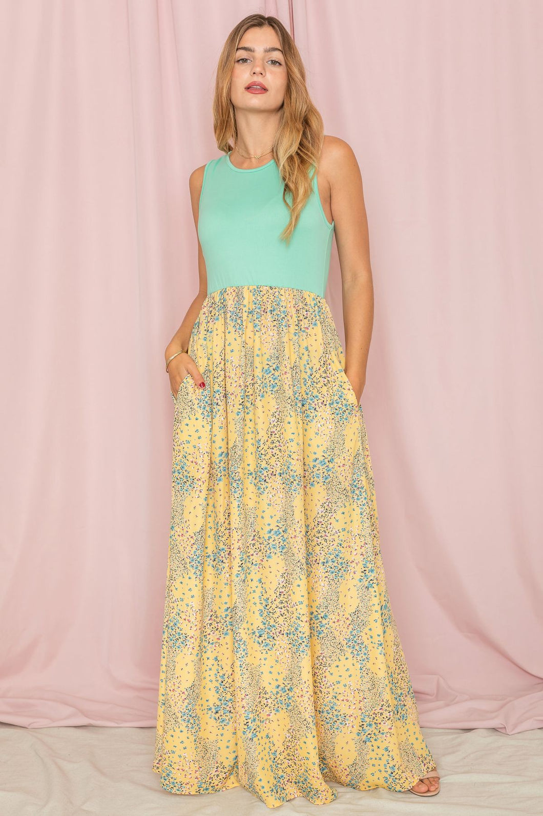 Mint Yellow Meadow Floral Print Maxi Dress