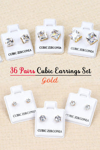 36Pair Gold Cubic Earring Set