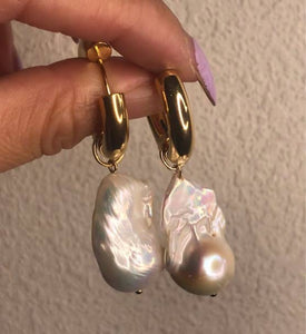 18K Gold Baroque Pearl Huggie Earrings