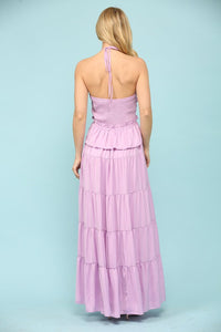 Light Purple Shiny Woven Halter Neck Strap Key Hole Front Midi