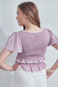 Purple Sweetheart Neck Top With Smocking Bodice Detail