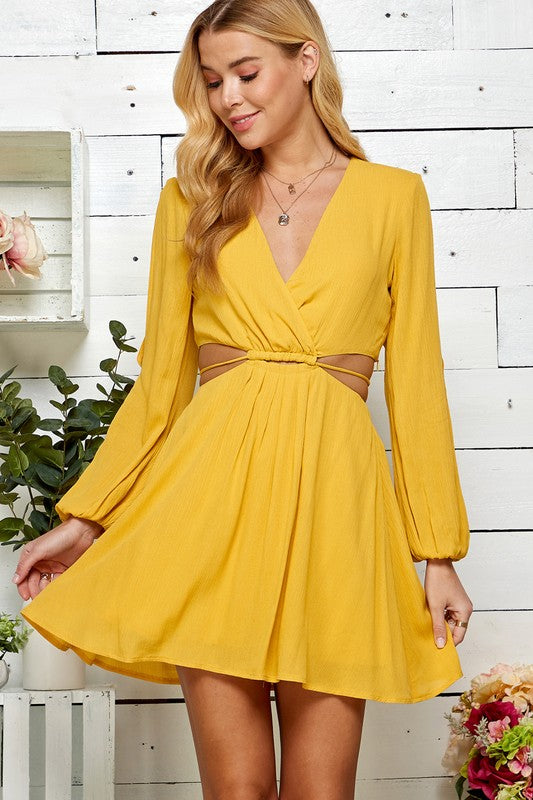 Yellow Cutout Open Sleeve V-neck Dress