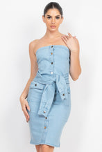 Strapless Sleeve Waist Tie Denim Dress