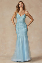 Ice Blue Glitter Mesh Fitted Evening Prom Gown