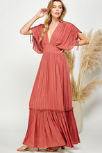 Copper Ruched Tiered V Neck Lurex Insert Maxi Dress