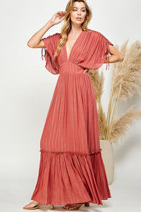 Copper Ruched Tiered V Neck Lurex Insert Maxi Dress