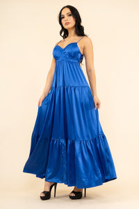 Blue Strech Satin Solid Back Open Long Dress