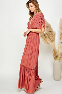 Copper Ruched Tiered V Neck Lurex Insert Maxi Dress