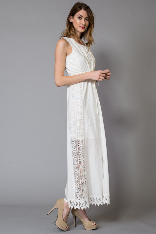 White Vertical Lace Trims Cotton Maxi Dress