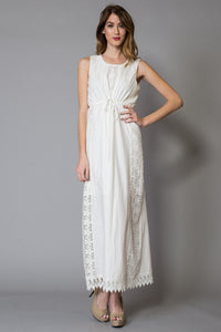 White Vertical Lace Trims Cotton Maxi Dress