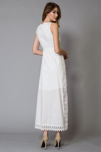 White Vertical Lace Trims Cotton Maxi Dress