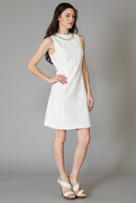 Jewel Stone Detail Neckline Texture Dress