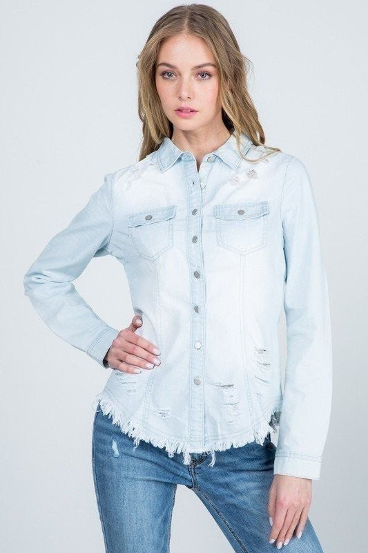Light Denim Destroyed Slim Denim Shirt