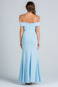 Light Blue Off Shoulder Waist Beaded Long Dress