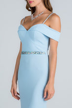 Light Blue Off Shoulder Waist Beaded Long Dress