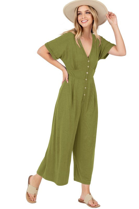 Olive Short Sleeve Button Up Jumper In Rayon Span