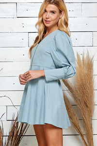 Dusty Blue Zippered Front Cuff Sleeve Mini Dress