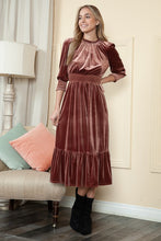 Rust Velvet Three Quarter Sleeve Midi Dress