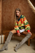 Orange/Neon V Neck Plaid Cropped Sweater